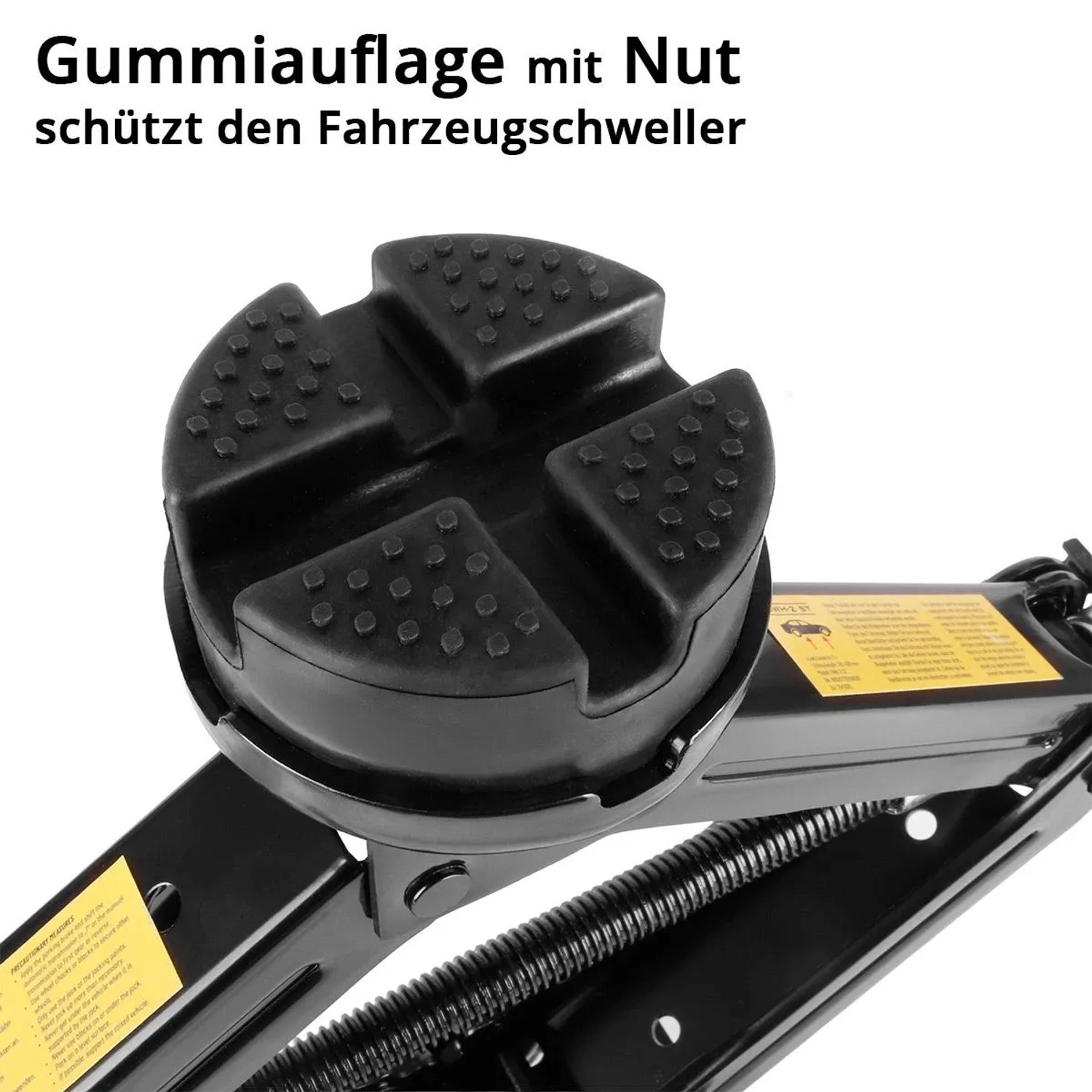 Detailaufnahme Gummiauflage mit Nut für STAHLWERK Scherenwagenheber 2000 kg.