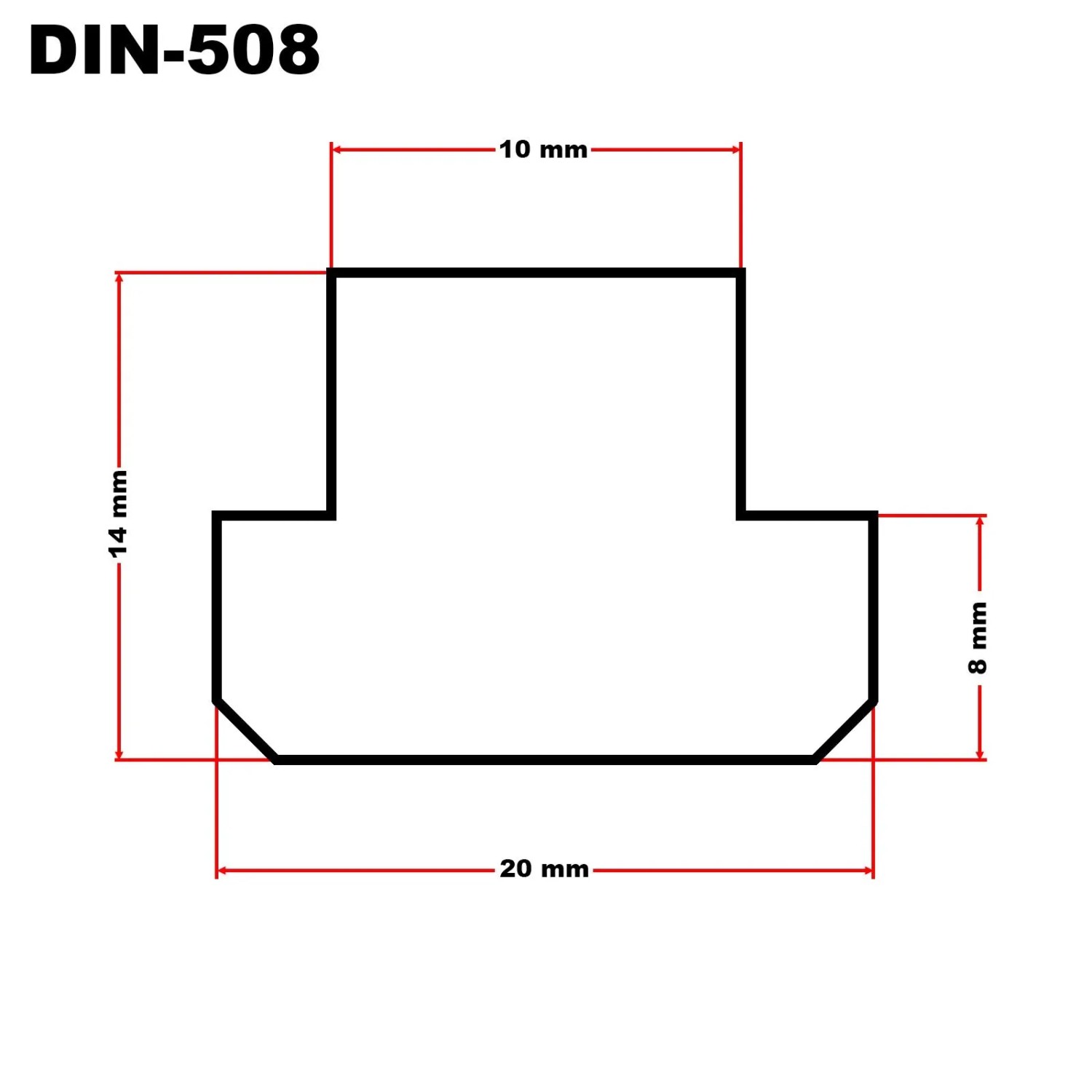 Detailansicht der DIN-508 T-Nut mit genauen Maßen (10mm, 14mm, 8mm, 20mm) für den Wiltec Kreuztisch.