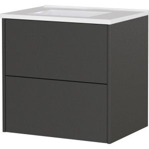 Graphitfarbener Waschtisch-Unterschrank mit zwei Schubladen und weißem Waschbecken. Modernes Badmöbel-Set.