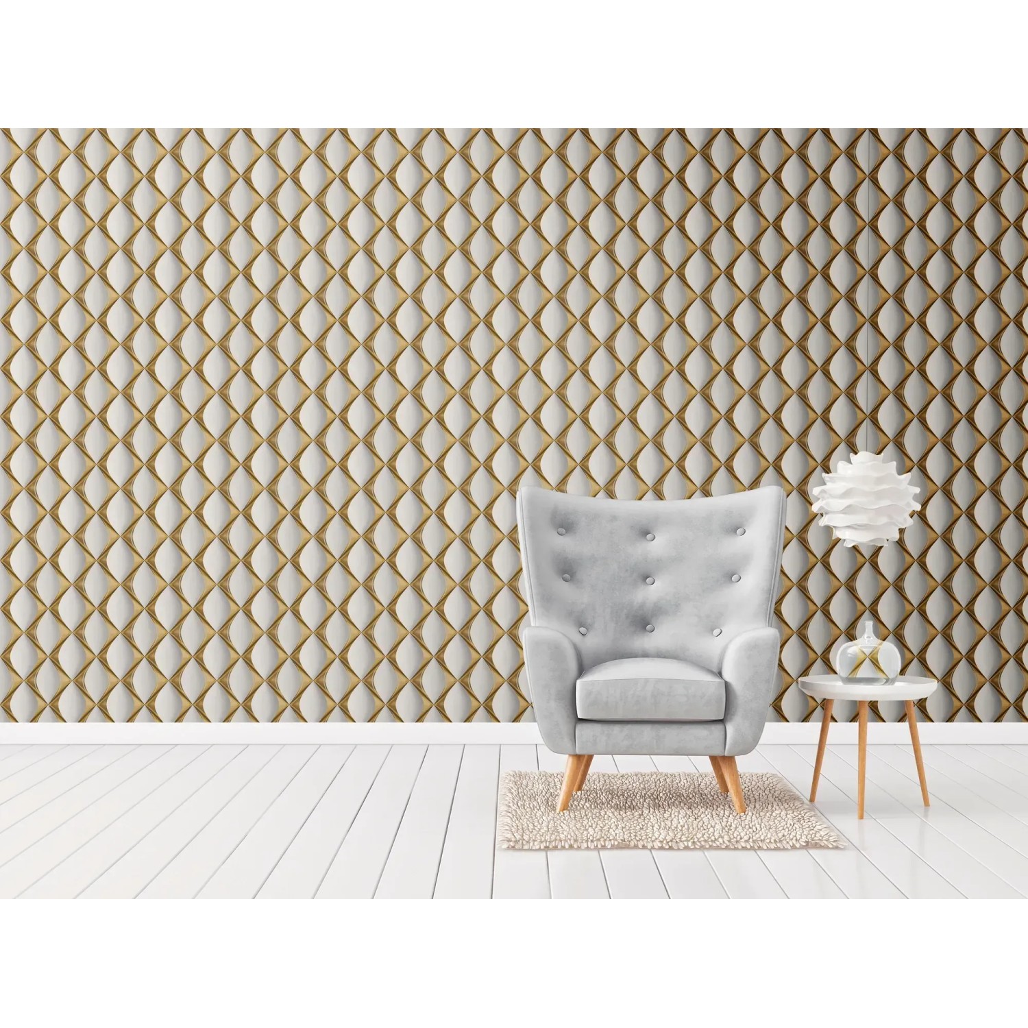 Vliestapete mit 3D-Design in Gold und Weiß, leicht strukturiert. Dekorative Tapete für stilvolle Akzente.