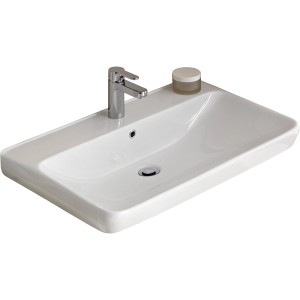 Weißes Pelipal Keramik Waschbecken Quantum 02 (80,5 cm) mit Armatur und Überlauf.
