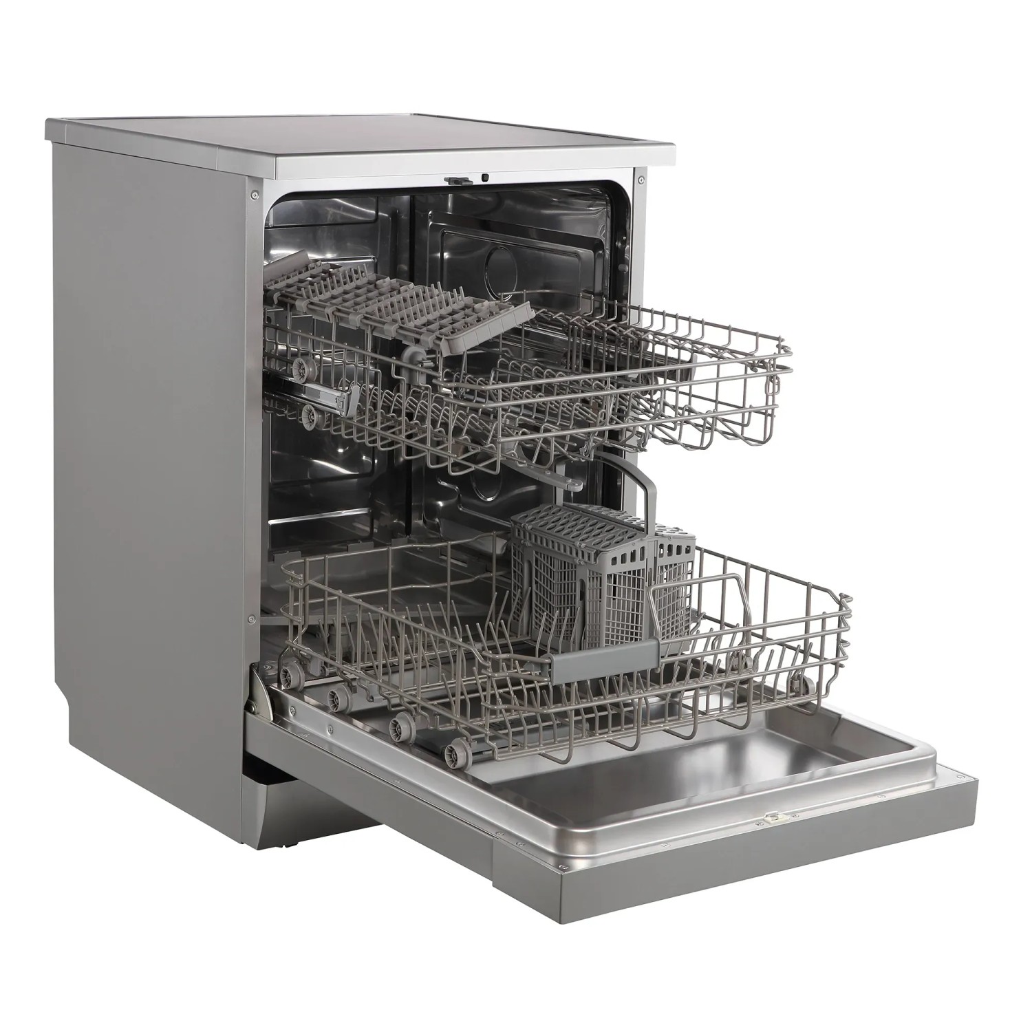 Offener Respekta Unterbau-Geschirrspüler Bena 60 cm in Silber mit zwei beladenen Spülkörben.