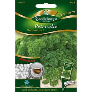 Verpackung Quedlinburger Petersilie Moskrul 2 Pillensaat mit Abbildung der krausen Petersilie.