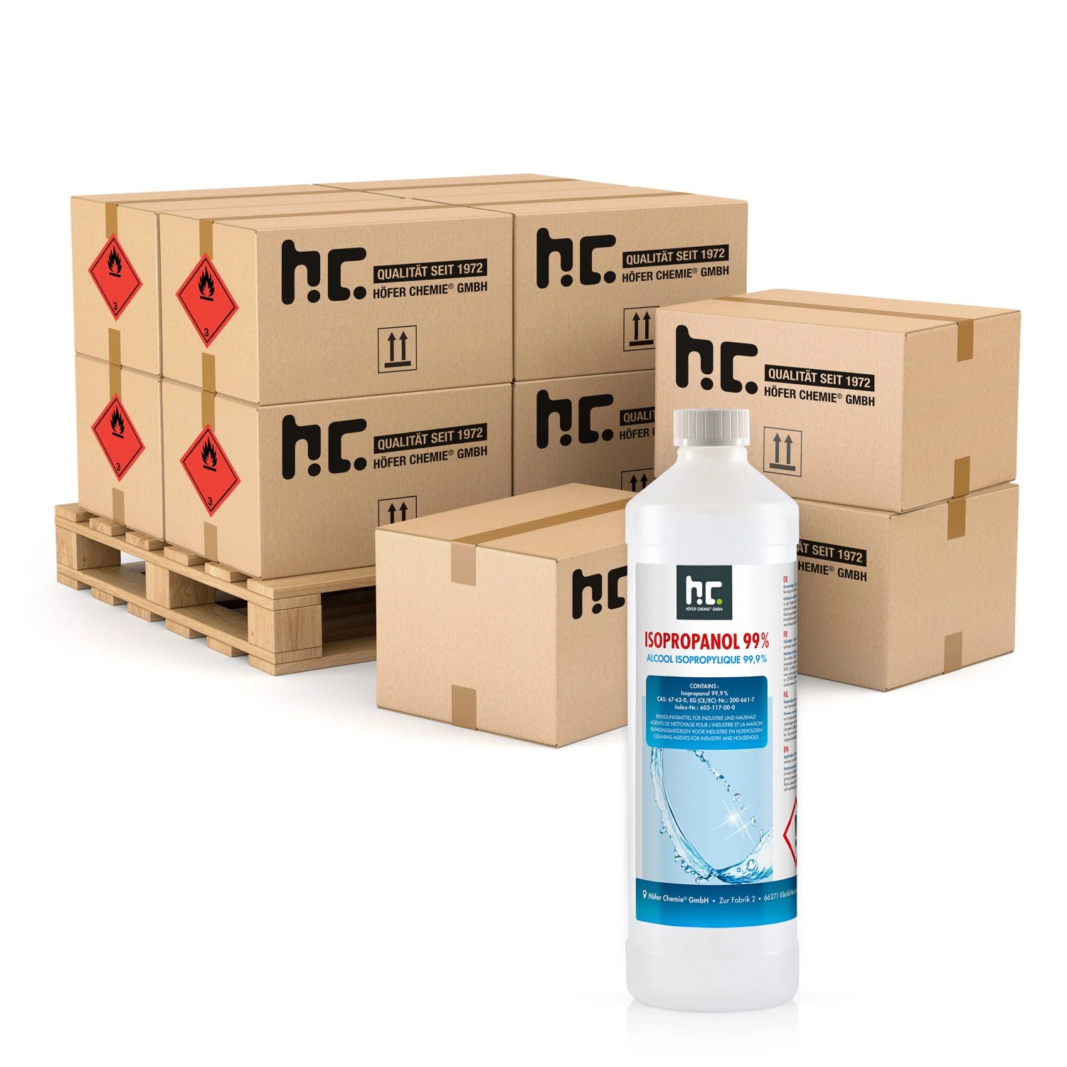 Höfer Chemie Isopropanol 99,9% 1l Flasche vor Kartons auf Palette. Reinigungsmittel.
