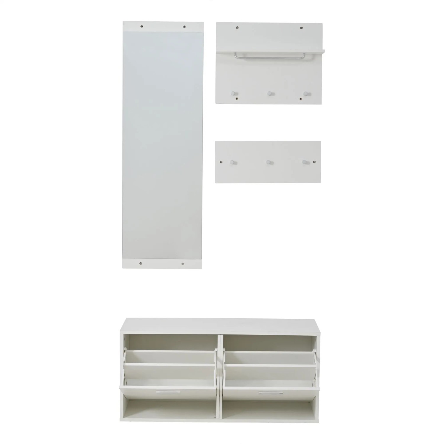 ModernLuxe Garderoben Set 4 Teilig mit Spiegel 2 Hutablagen 6 Haken Spanplatte Weiß