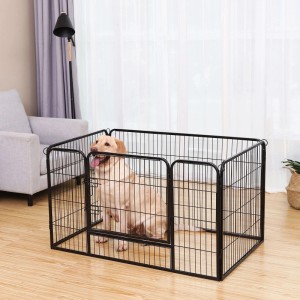 Schwarzes Metall-Freilaufgehege für Haustiere mit Hund darin. Robustes Gehege 122x80x70 cm für Innen & Außen.