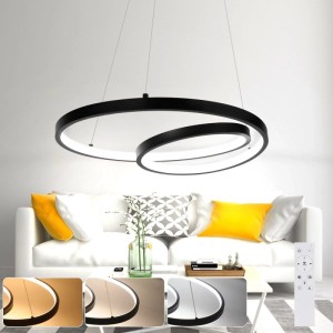 Moderne schwarze LED-Pendelleuchte mit zwei spiralförmigen Ringen, dimmbar per Fernbedienung. Ideal für Esszimmer & Wohnzimmer.