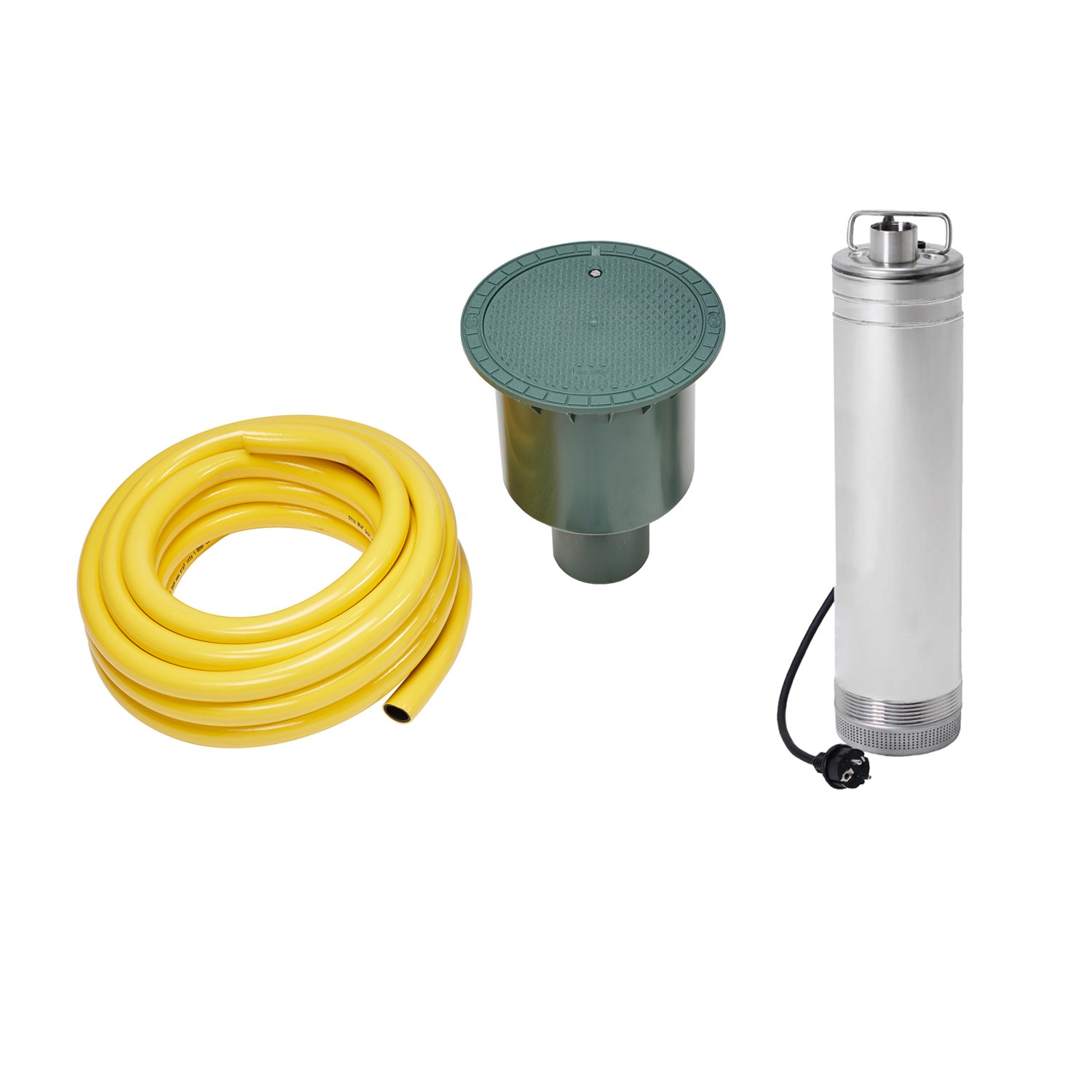 4rain Zisterne Set Flat M: Flachtank, Pumpe und Zubehör für die Regenwassernutzung im Garten.