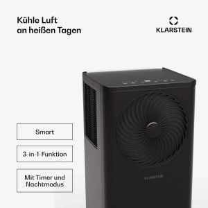 Schwarzes Klarstein Aero Ring 9K Klimagerät mit App- und Sprachsteuerung.