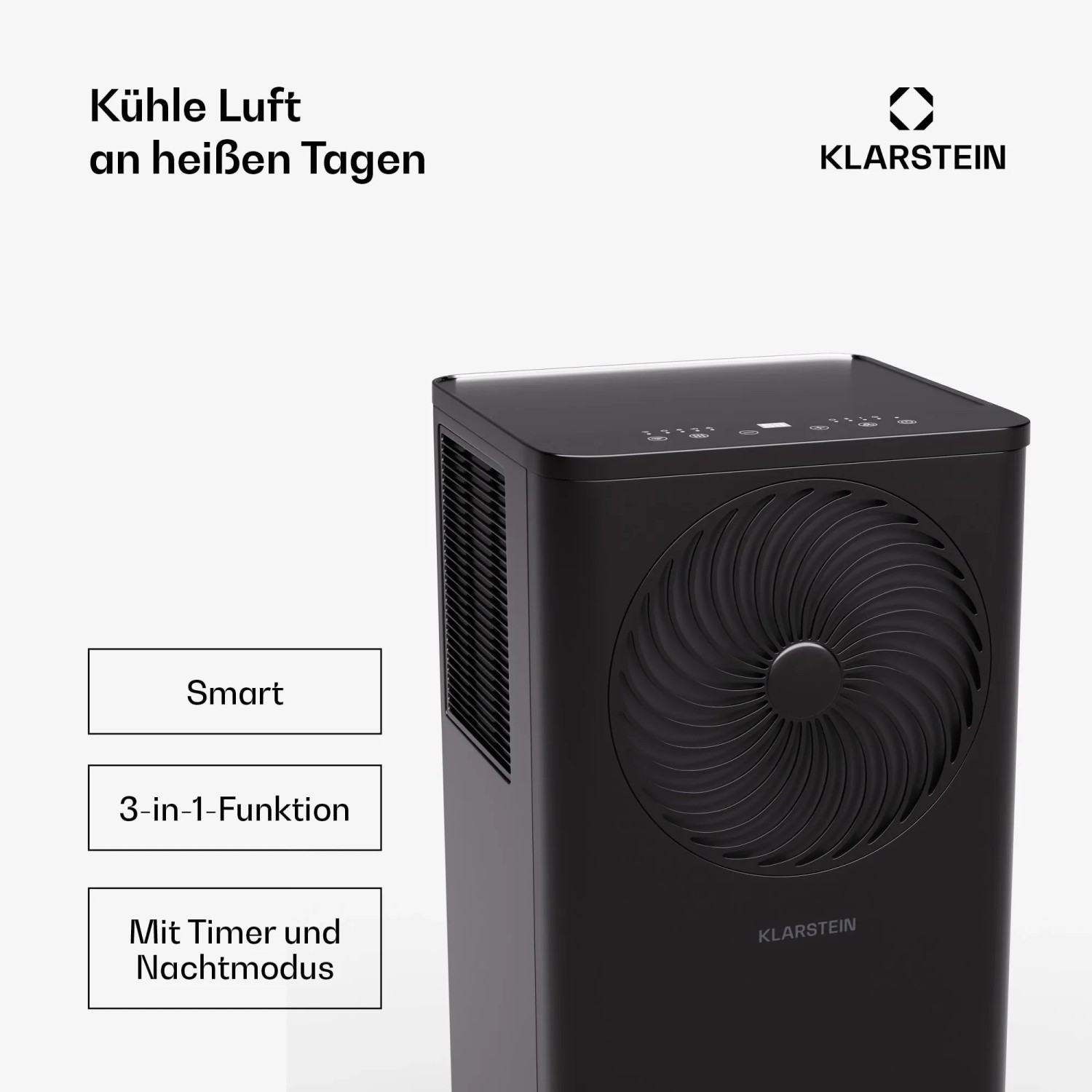 Schwarzes Klarstein Aero Ring 9K Klimagerät mit App- und Sprachsteuerung.