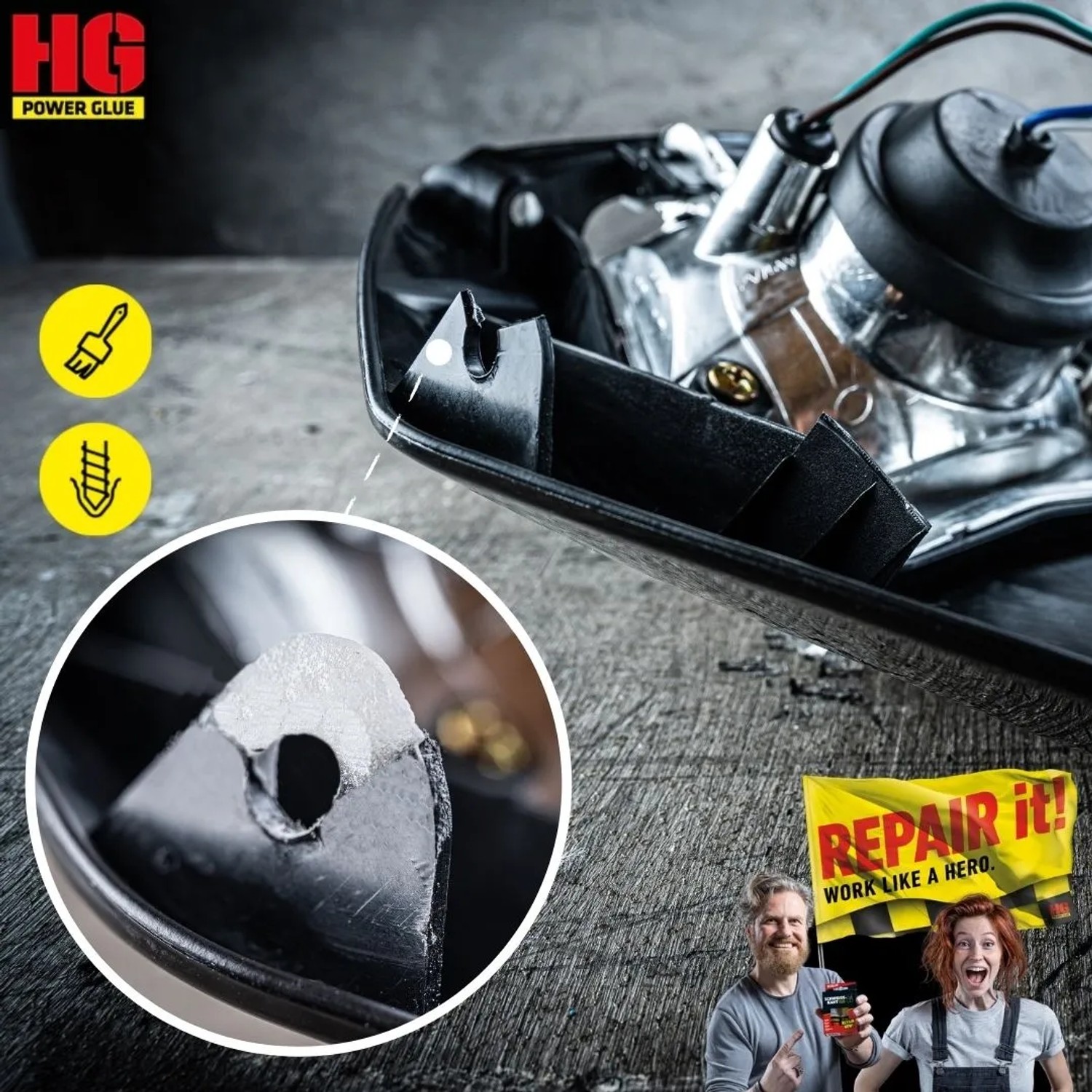 Reparatur einer Lampe mit HG Power Glue Klebstoff und Granulat. Das Kleber-Set ist ideal für Haushalt, Garten und Werkstatt.