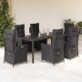 Schwarze 7-tlg. Garten Essgruppe aus Polyrattan mit Kissen und verstellbaren Stühlen.