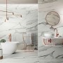 Badezimmer mit polierten, weißen Statuario Classic Feinsteinzeug Bodenfliesen in Marmoroptik.