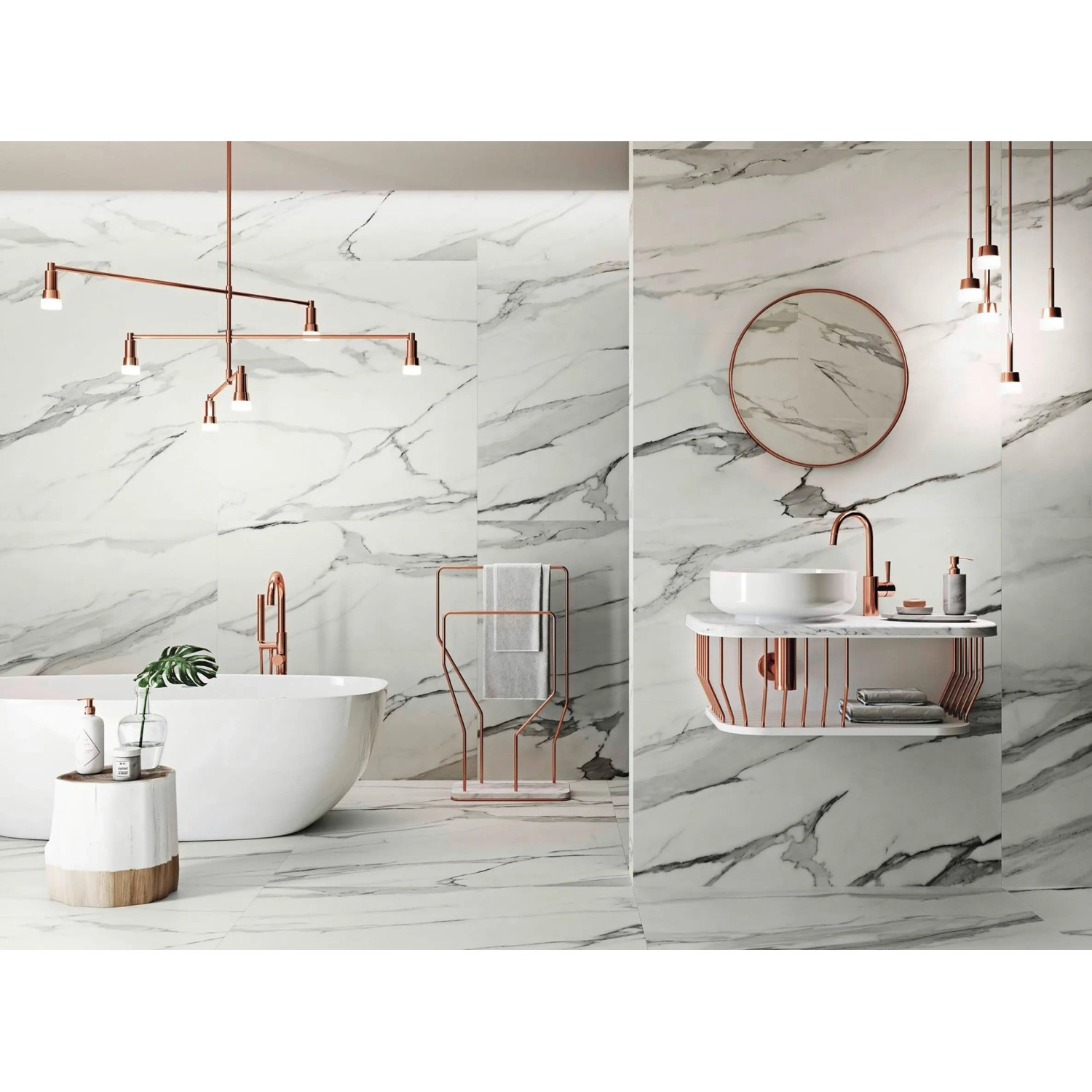 Badezimmer mit polierten, weißen Statuario Classic Feinsteinzeug Bodenfliesen in Marmoroptik.