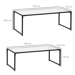 HOMCOM Couchtisch 2er-Set, Glasplatte, Stahlgestell schwarz, Wohnzimmertische.