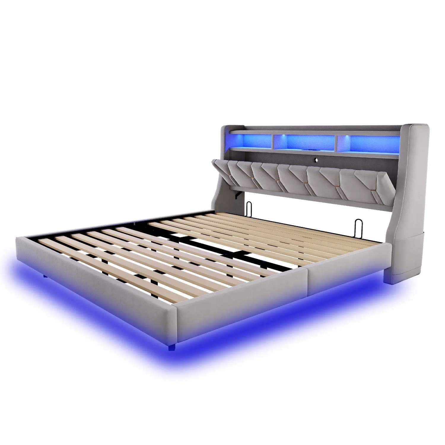 Merax Polsterbett 180x200cm LED Stauraum Samt Hellgrau