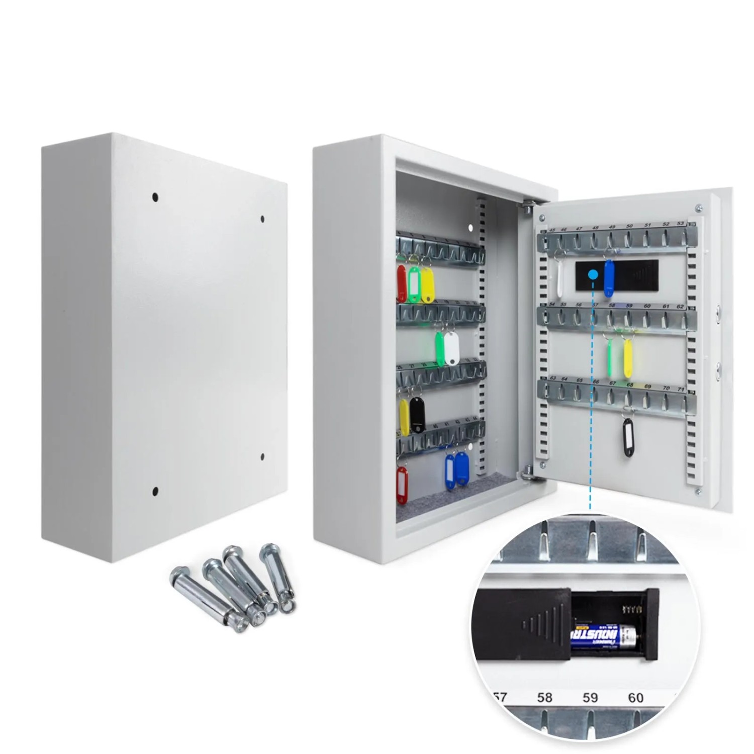 KARAT Schlüsseltresor mit Elektronikschloss, weiß, mit Schlüsselanhängern und Befestigungsmaterial.