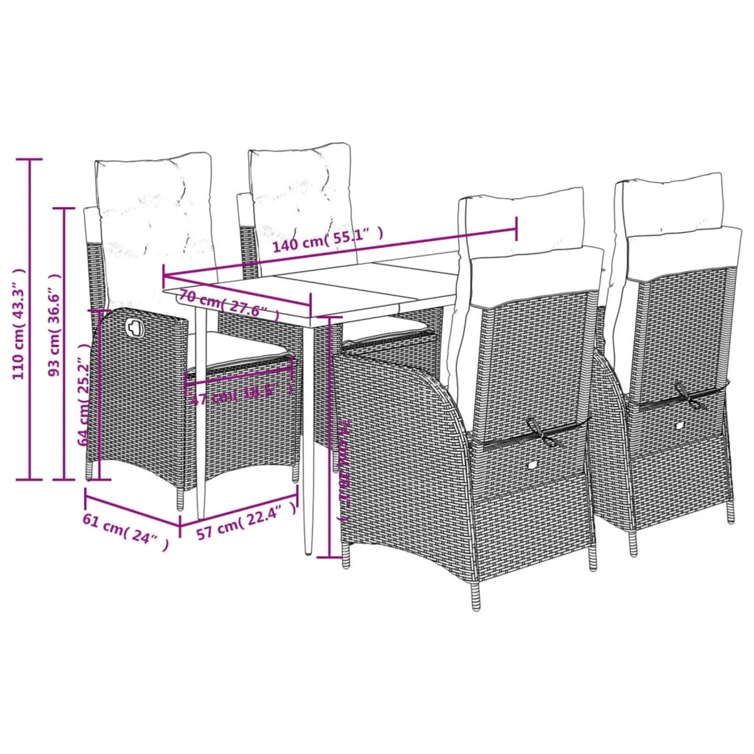 vidaXL 5-tlg. Garten-Essgruppe hellgrau: Tisch und 4 Stühle mit Kissen, Poly Rattan.