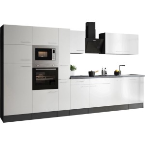 Respekta Küchenzeile Oliver 370 cm Weiß mit E-Geräten und Spüle.