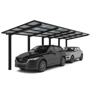 Ximax Alu Doppelcarport Linea, Tandem Carport in Schwarz mit zwei parkenden Autos.