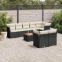 Schwarze 9-teilige Garten-Sofagarnitur aus Polyrattan mit cremefarbenen Kissen und Tisch.