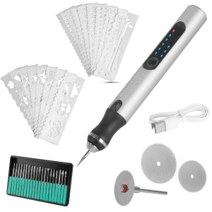 STAHLWERK USB-Gravierstift UG-300 ST mit Zubehör: Gravierer, Schablonen, Trennscheiben und Präzisionsspitzen.