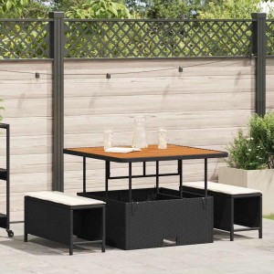 Schwarze 3-tlg. vidaXL Garten Essgruppe aus Poly Rattan mit Tisch und Hockern.