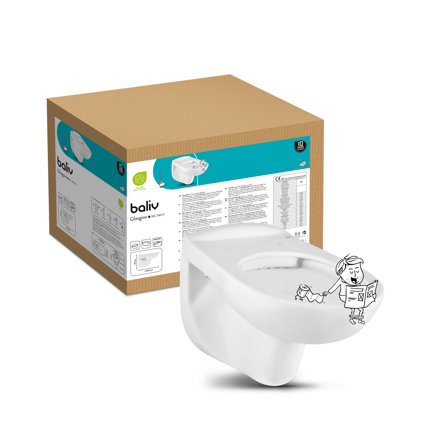 baliv Wand-WC Glasgow, Tiefspüler, spülrandlos, weiß, mit Verpackungskarton.