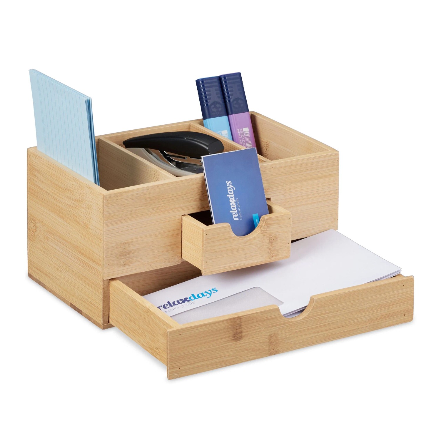 Relaxdays Schreibtisch Organizer Bambus Natur mit Schubladen 24 cm x 14,5 cm x 12 cm 1 kg