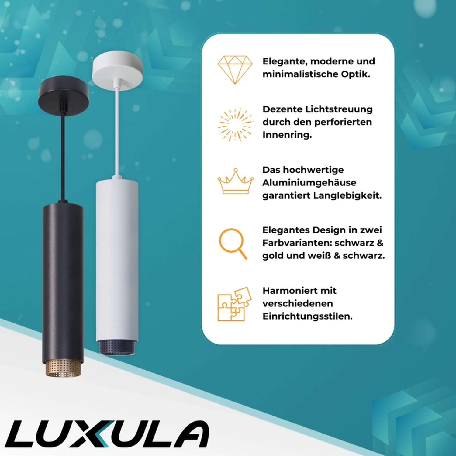 LUXULA Hängelampe, Zylinder Design, schwarz und weiß, mit Goldring. Moderne Deckenleuchte für Wohnzimmer und Küche.