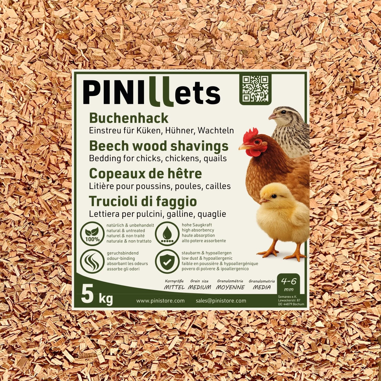 PINI Buchenhack Mittel 5 kg Einstreu für Hühner, Küken & Wachteln