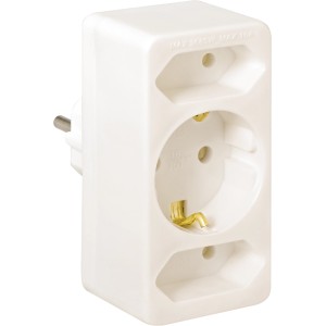 Weißer Mehrfachsteckdosen-Euro-Adapter mit 2 Euro- und 1 Schutzkontaktdose.