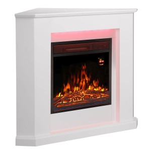 Weißer Juskys Elektrokamin Dreieckig mit Heizung und Flammeneffekt.