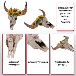 Deko Schädel aus Polyresin mit Sonnenblumen, 42 cm, für Innen- und Außenbereich.
