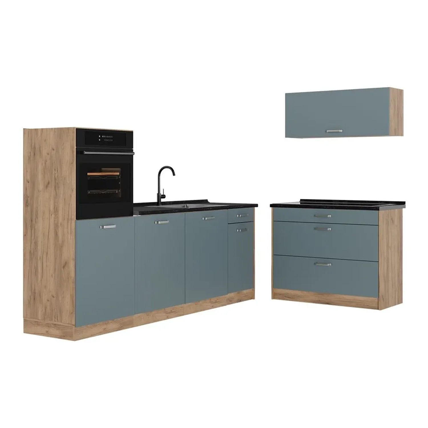 Vicco Küchenzeile R-Line Blau-Grau/Goldkraft Eiche 220 x 143 ohne Arbeitsplatte Art Nr 67436