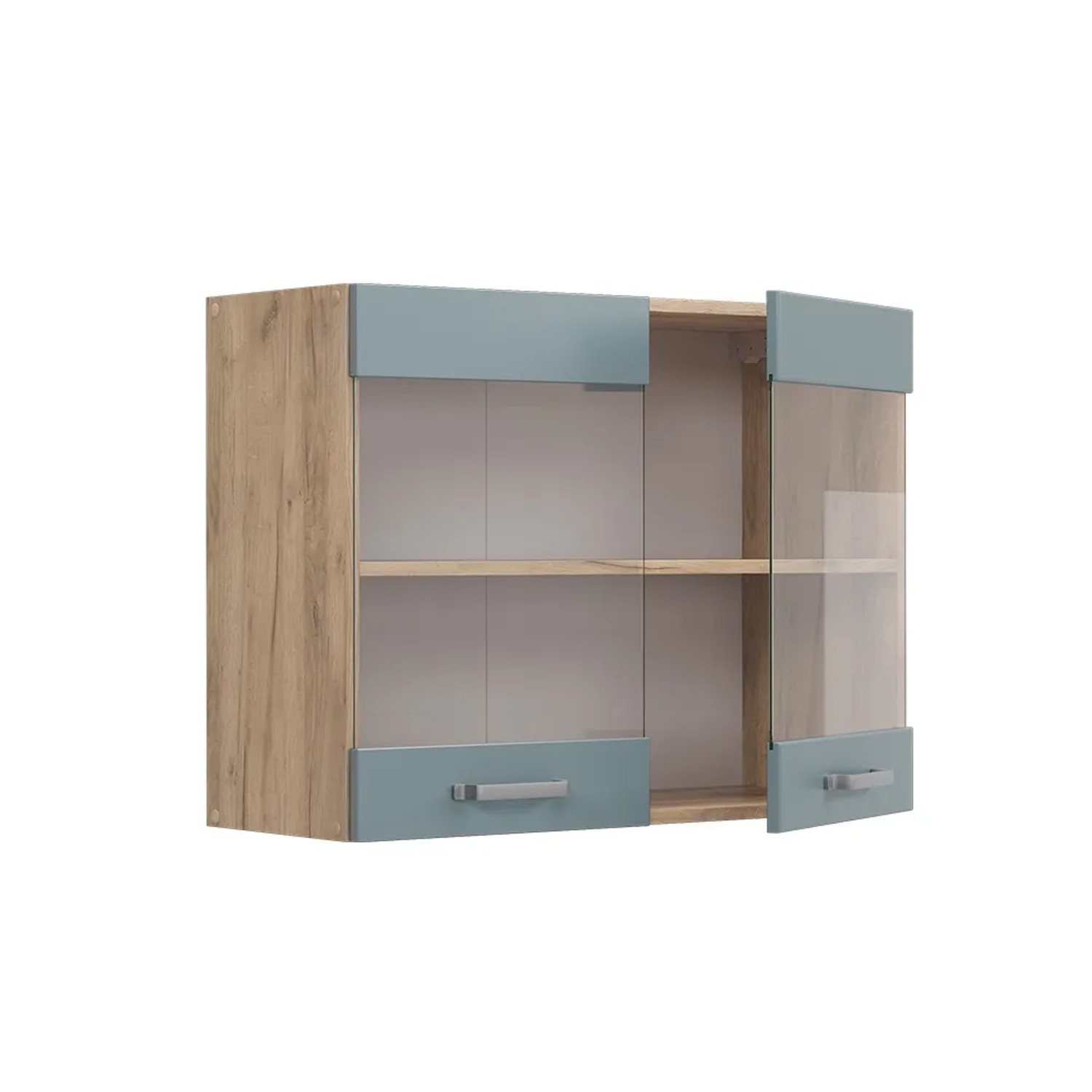 Vicco Küchenglasschrank R-Line, blau-grau/Eiche, 80 cm breit, mit Glastüren und Regalboden.