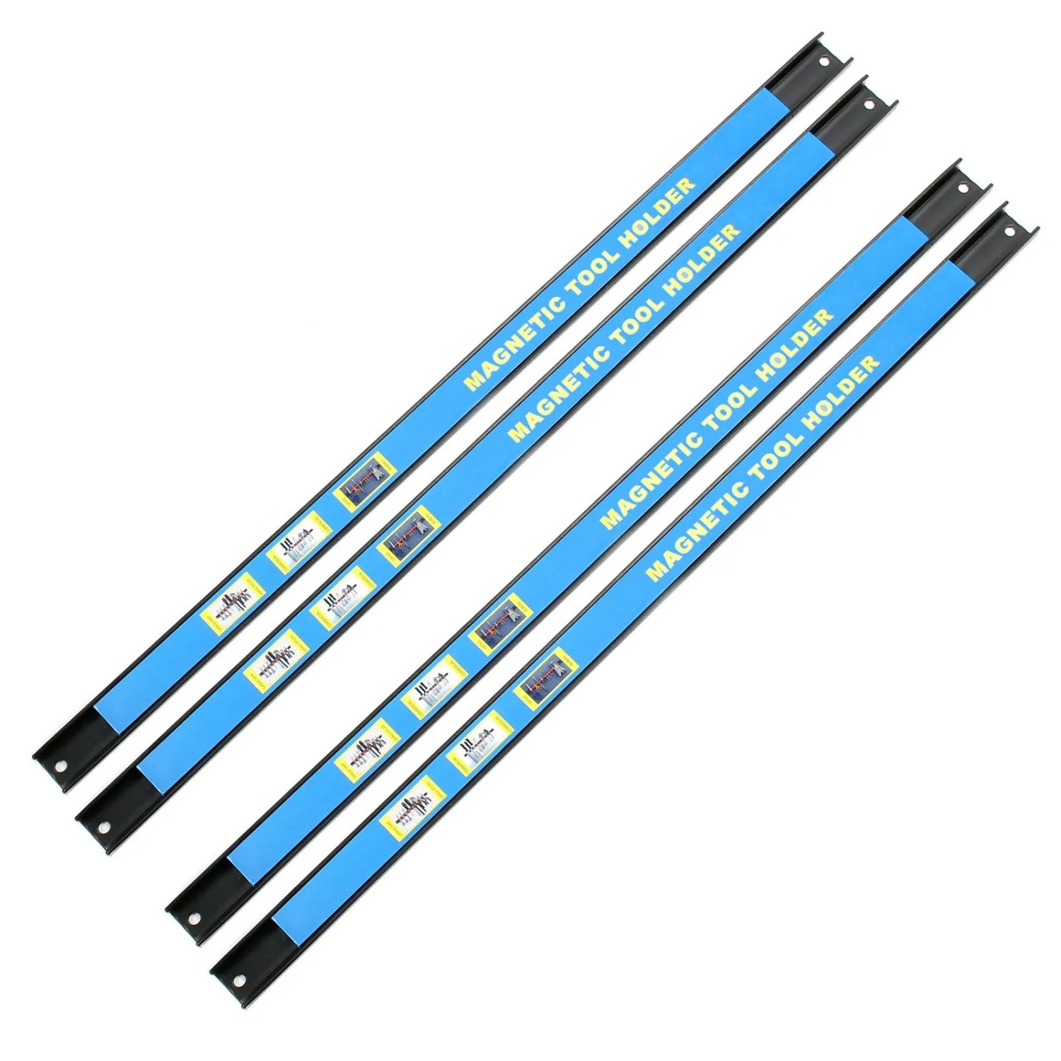 Vier schwarze Wiltec Magnetleisten, 61cm lang, mit blauen Etiketten, als Werkzeughalter für die Werkstatt.