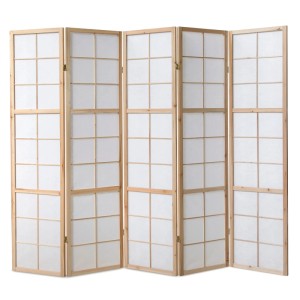 5-teiliger Homestyle4u Paravent Shoji in Braun mit Holzrahmen und weißem Reispapier, 220x175 cm.