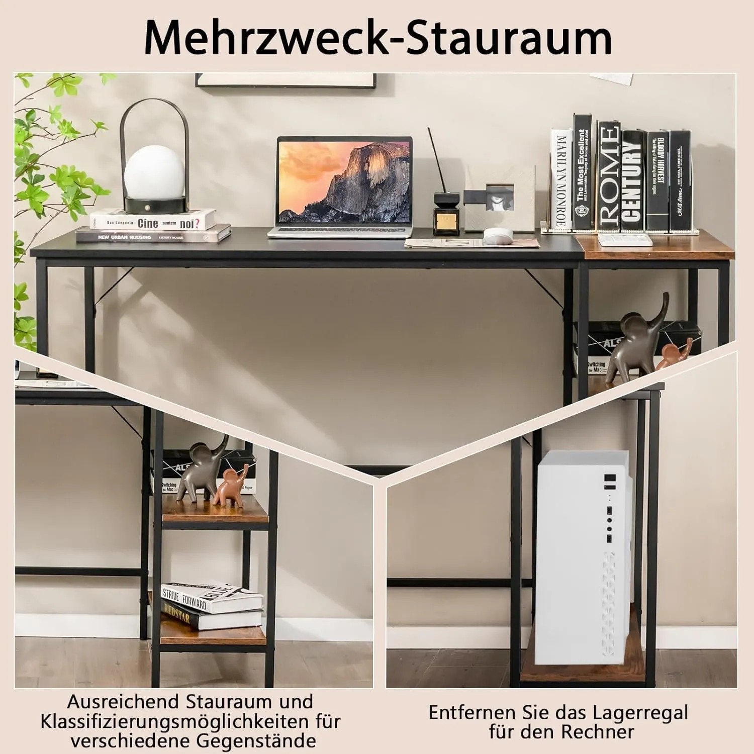 Costway Schreibtisch 140 cm mit Ablage, Computertisch in Schwarz/Braun mit Stauraum.