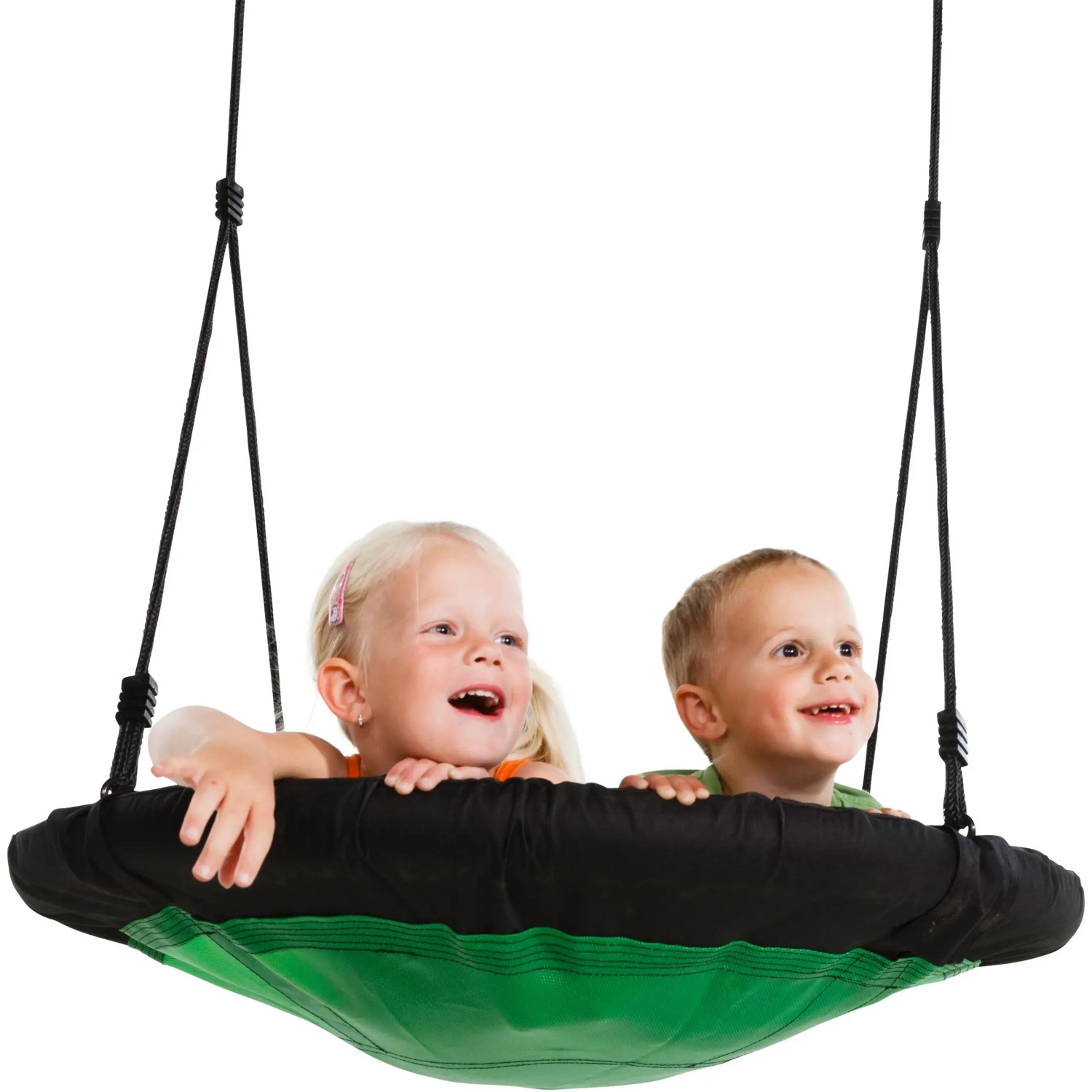 AXI Nestschaukel Swibee Schwarz mit zwei Kindern. Runde Schaukel für Rutschen & Schaukeln.