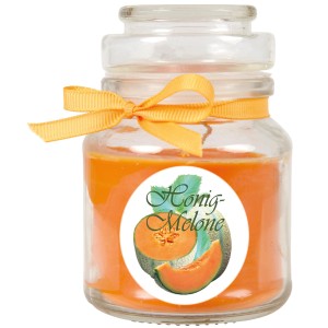 Duftkerze Honigmelone im Glas mit Schleife, Ø7cm. Dekorative Kerze für ein harmonisches Ambiente.