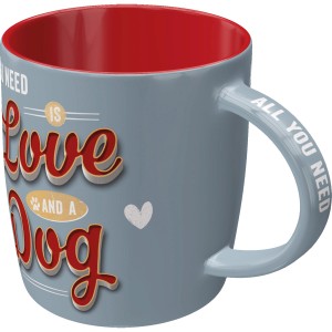 Nostalgic-Art Tasse Love Dog, graue Keramiktasse mit rotem Innenraum und Hunde-Motiv.