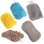 STAHLWERK Autowaschhandschuh 5er Set: gelber, blauer, grauer Mikrofaser-Handschuh, brauner Reinigungspad, grauer Schwamm für Autopflege.