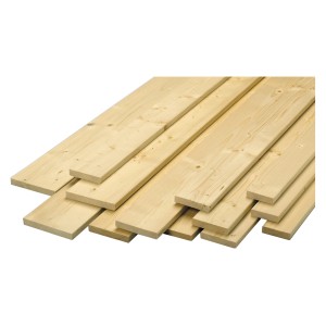 Stapel Glattkantbretter aus Fichte/Tanne, gehobelt und gefast, 19x74x3000 mm.