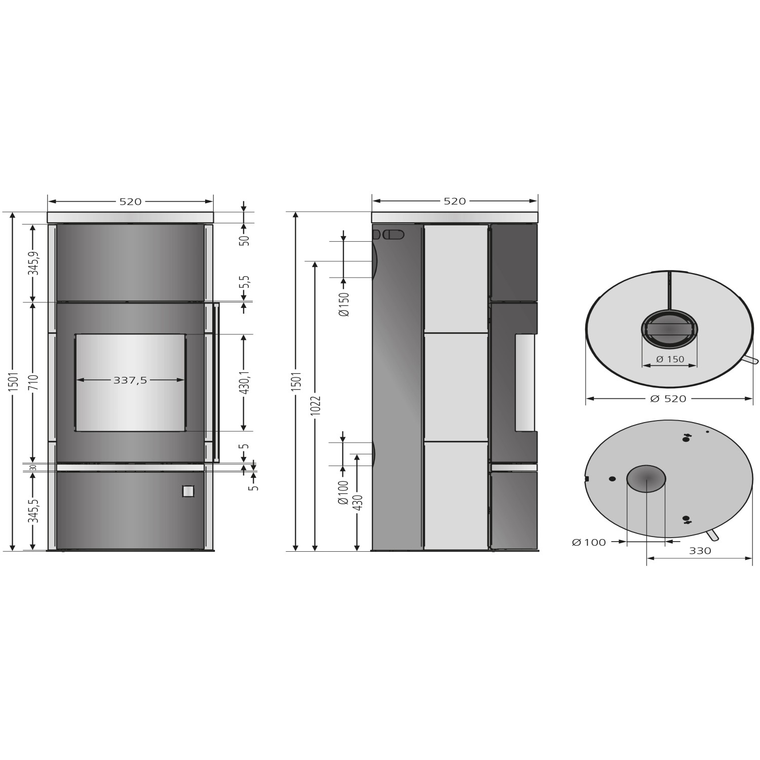 Technische Zeichnung Kaminofen Justus Faro W+ 2.0, Stahl schwarz, Maße und Anschlüsse für Montage.
