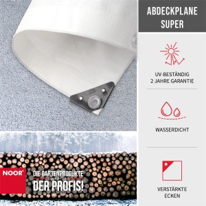 Weiße Noor Abdeckplane Super, 2x2m, 200 g/m², mit verstärkten Ecken und Ösen.