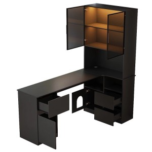 Schwarzer Eckschreibtisch mit LED-Vitrine, offenen Schubladen und Haustierfach für Homeoffice und Stauraum.