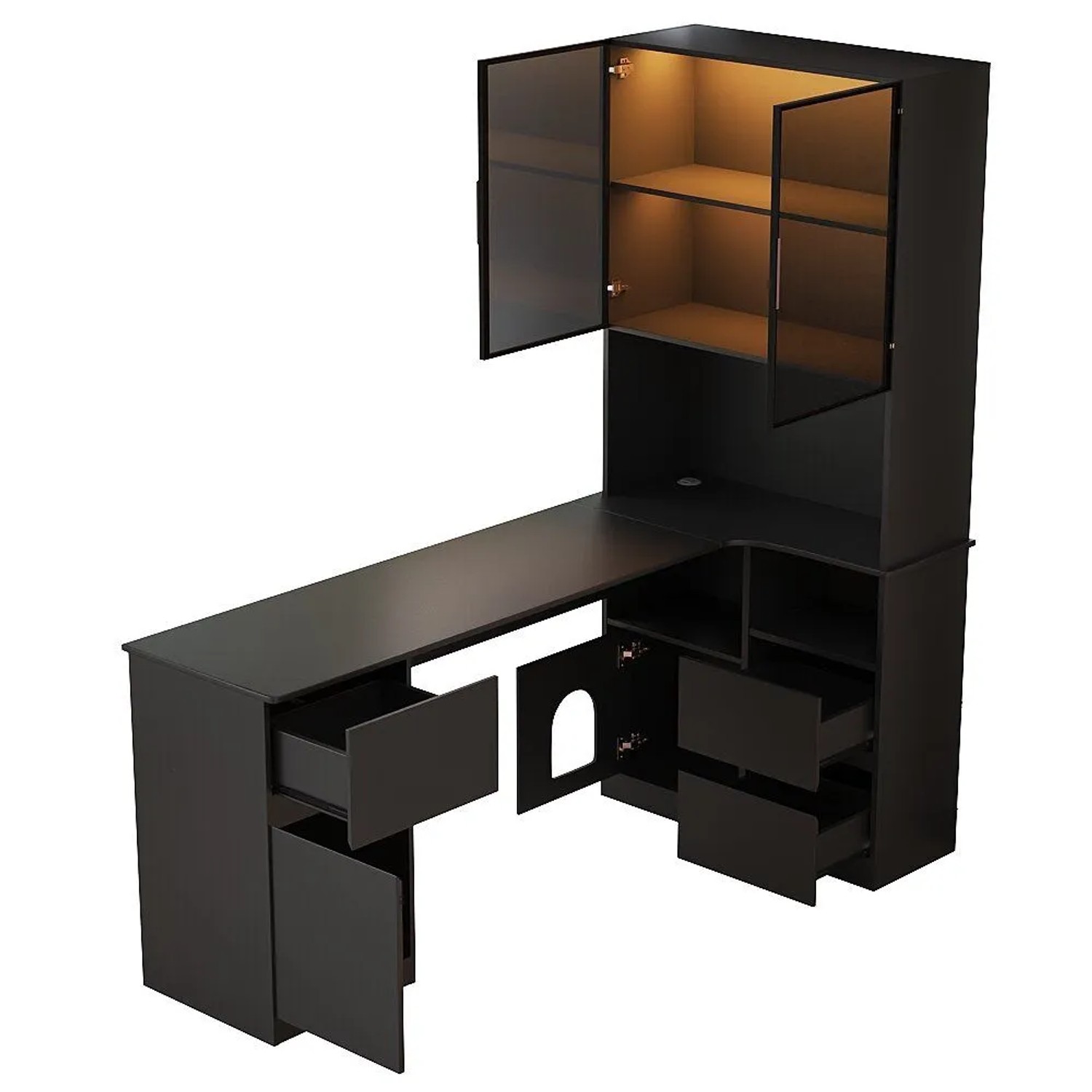 okwish Eckschreibtisch mit Regal LED Vitrine Haustierfach Homeoffice 120x80 cm Schwarz