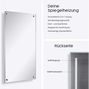 Könighaus Infrarotheizung Spiegel 450W: Spiegelheizung mit Glasoberfläche und Anti-Beschlag-Funktion.