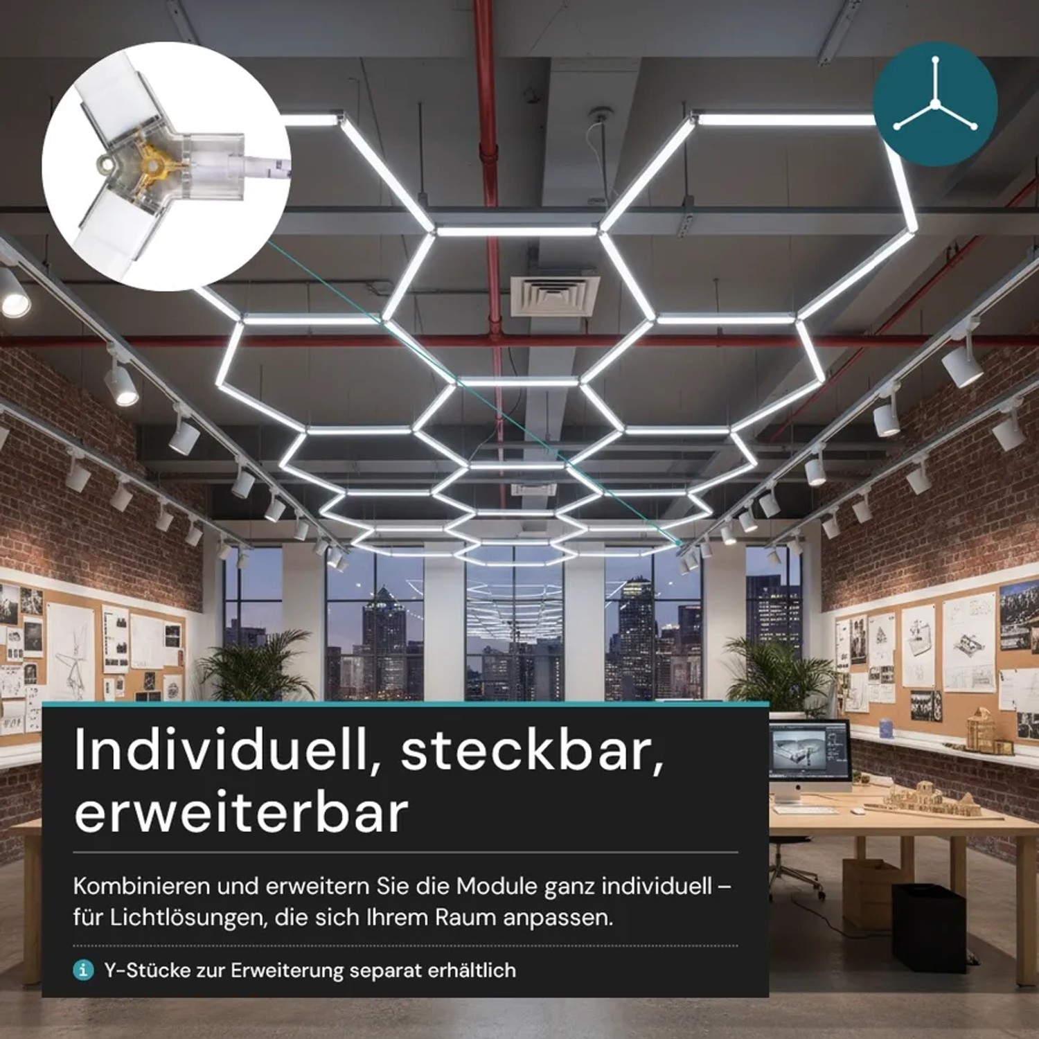 Modulare LUXULA Hexagon LED Deckenleuchte in Weiß, kaltweißes Licht, als Werkstatt- oder Garagenlampe. Zeigt Y-Verbinder.